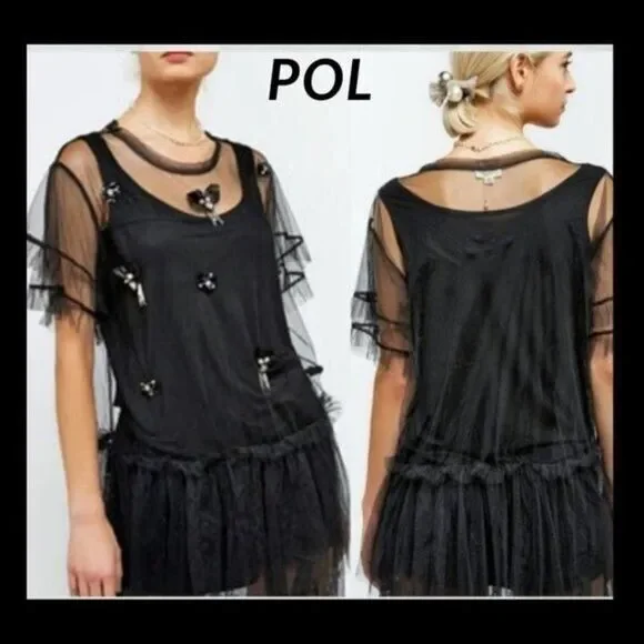 POL Sheer Mesh Two-fer Tulle Tunic Top Black Women's‎ Size S - Picture 8 of 9